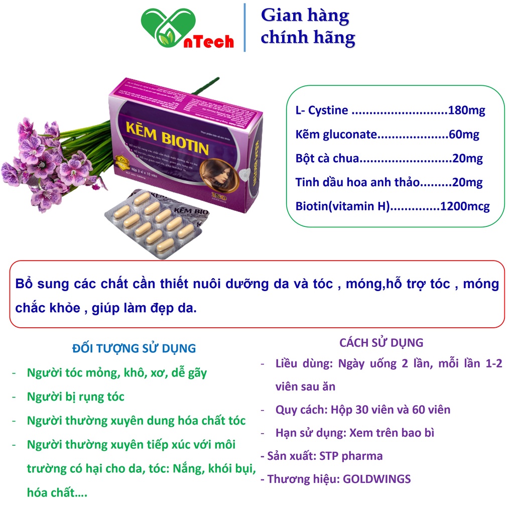 Viên uống bổ sung kẽm GOLDWINGS Kẽm Biotin Giúp tóc chắc khỏe ngăn gãy rụng làm sáng đẹp làn da hộp 60 viên