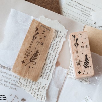 Con dấu gỗ in phong cách vintage cổ điển hoạ tiết hoa lá, chữ số trang trí bullet journal