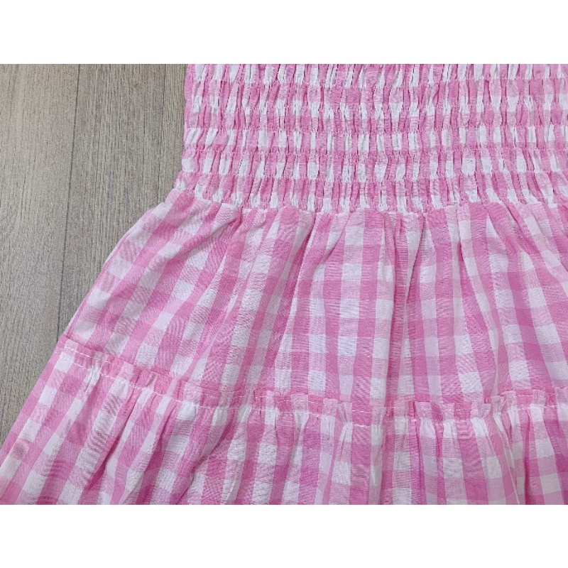 Váy đầm maxi 2 dây caro hồng, chân váy xếp tầng cho bé