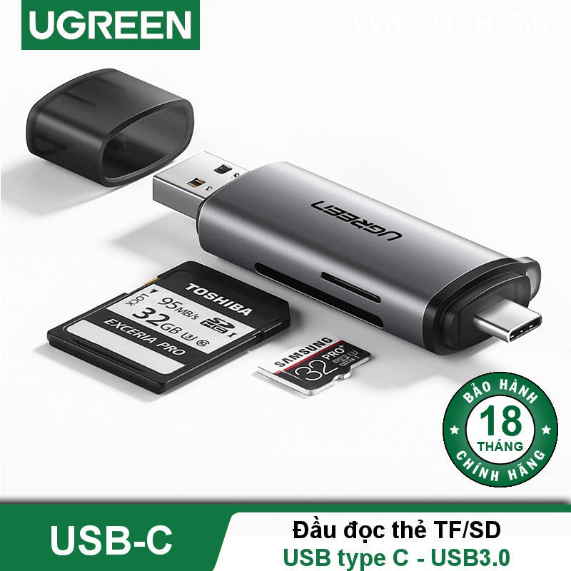 Đầu đọc thẻ nhớ Type C &amp; USB 3.0 Chính Hãng Ugreen 50706 CM184 SD/TF