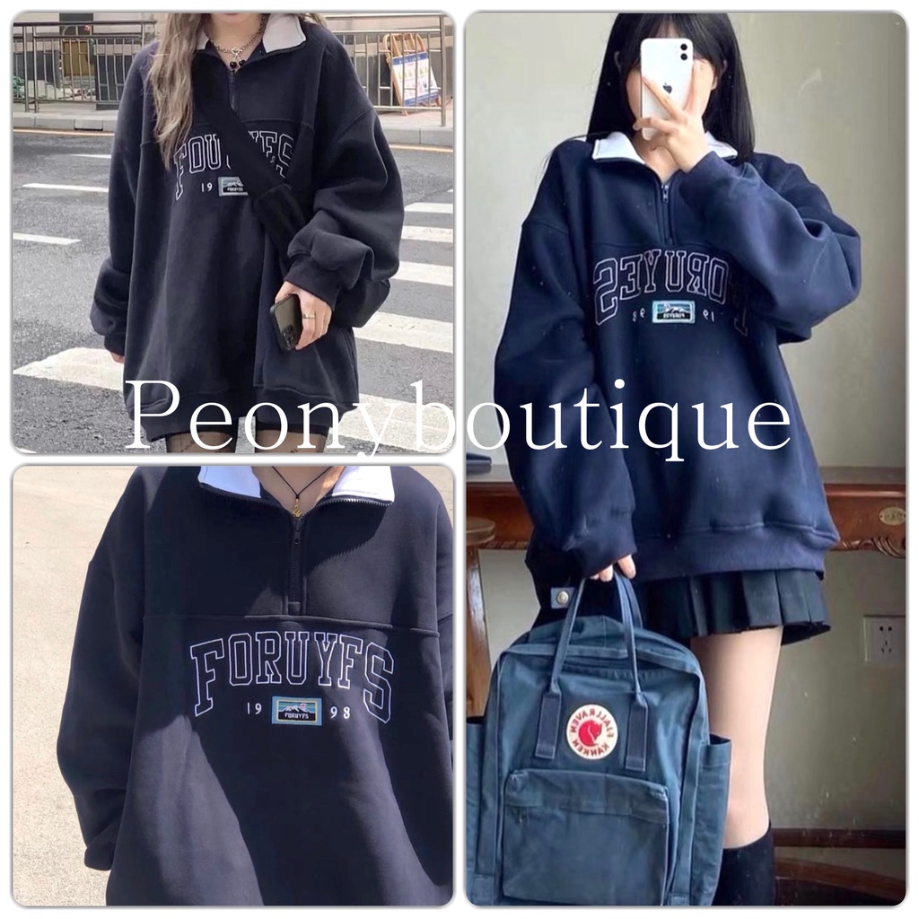 Áo Nỉ Zip Foruyfs PEONYB Nữ [FREESHIP] 🌸 Sweater cao cổ dài tay bồng, thun hoodie form rộng cá tính Ulzzang 🌸