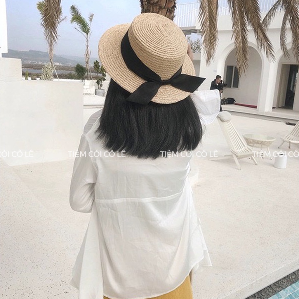 Nón cói đi biển cỏ rafia vành rộng 8cm đai nơ xinh - Tiệm Cói cô Lê