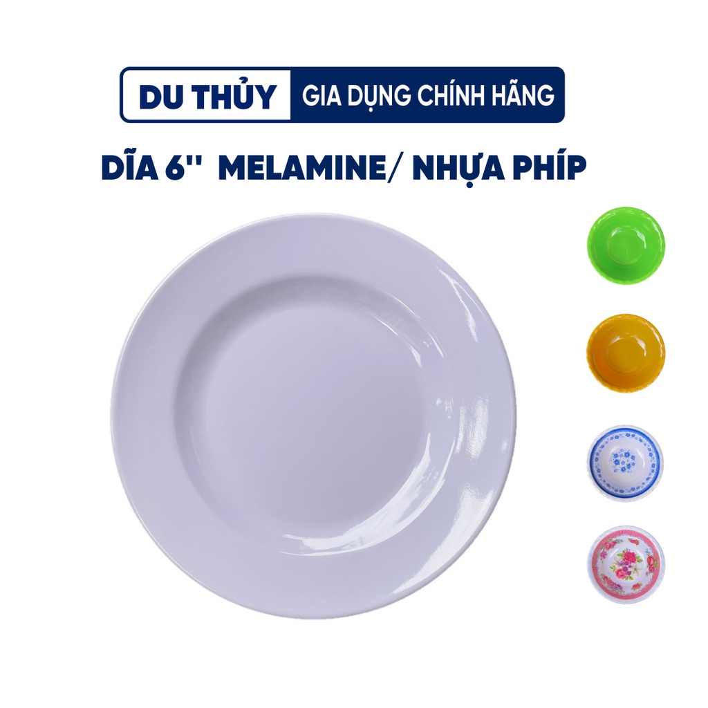 Dĩa tròn cạn 6" 15 cm (loại nhỏ nhất) làm từ nhựa melamine cao cấp màu trắng, vàng, xanh, đủ bông sáng đẹp khó nứt vỡ