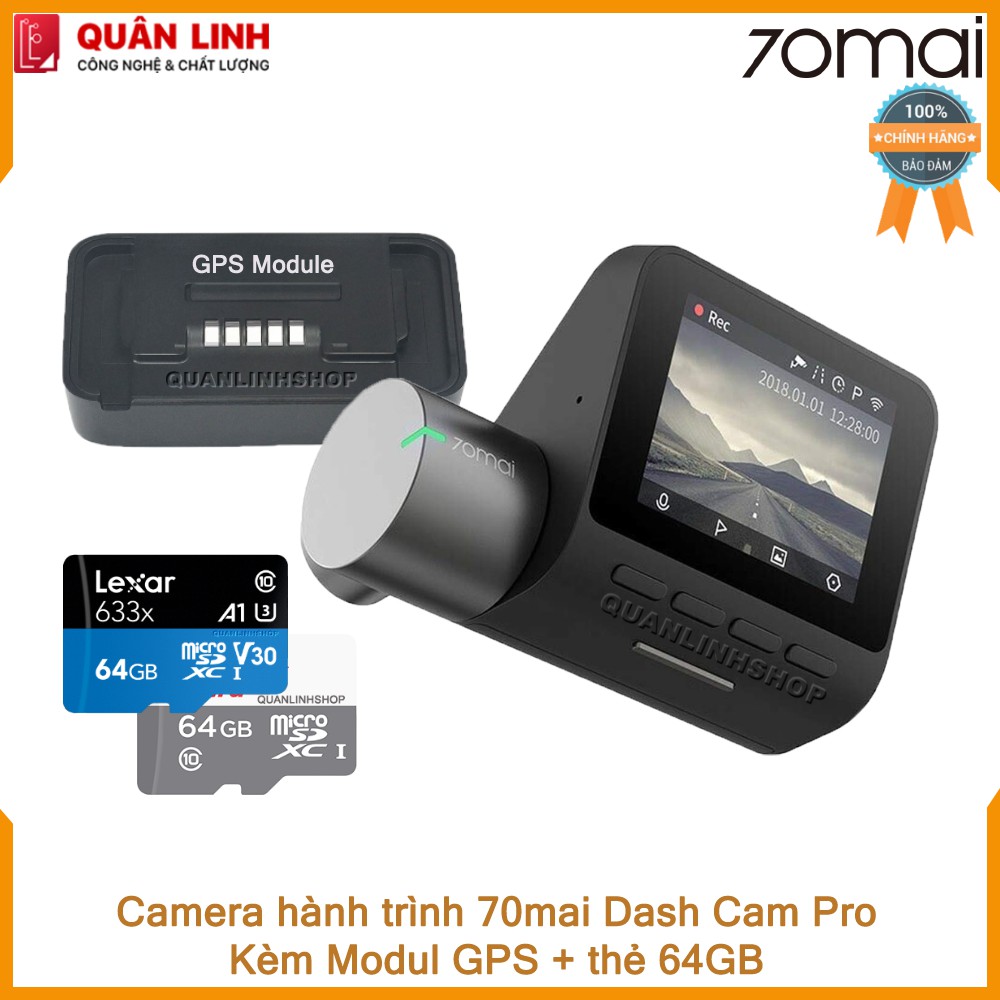 Bộ Camera hành trình Xiaomi 70mai Dash Camera Pro kèm thẻ 64GB + Module GPS - phiên bản nội địa up sang tiếng anh