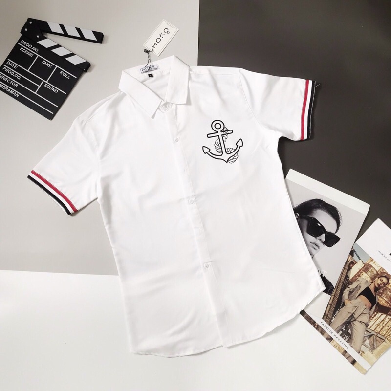 Áo sơ mi nam tay ngắn có cổ phối in chữ form ôm dáng chất liệu cotton lụa thoáng mát