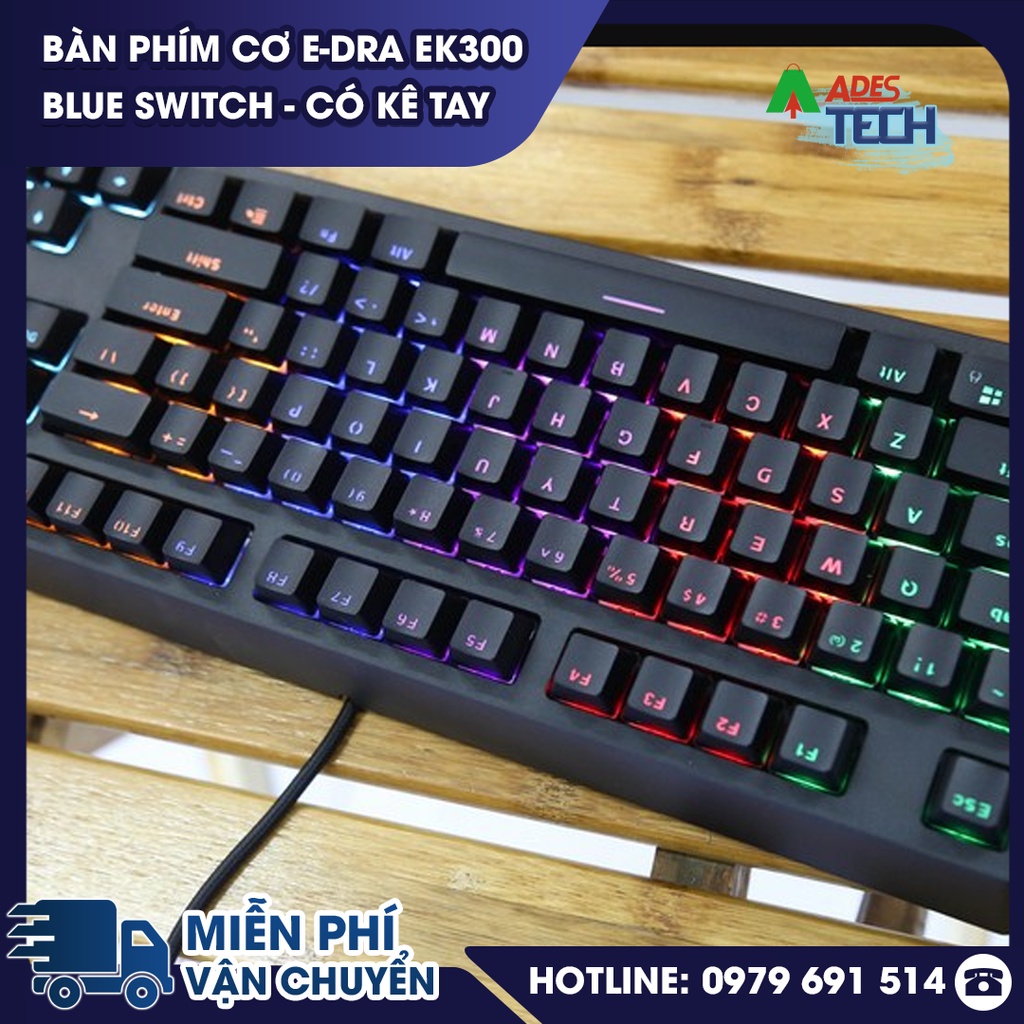 Bàn Phím Cơ EDRA EK300 - Blue Switch - CHỐNG NƯỚC - Có Kê Tay - LED RAINBOW - BH 24 tháng - CHÍNH HÃNG