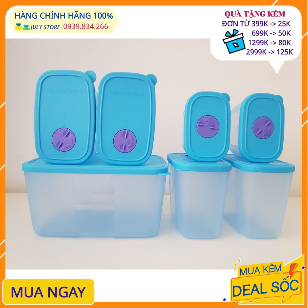 Hộp trữ đông Tupperware Freeship Bộ Freezermate 7 hộp có nút đồng hồ ghi nhớ thời gian