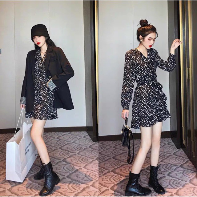 (Order) 50-100kg Set rời - Áo khoác blazer tay kẻ phối váy chấm bi viền bèo