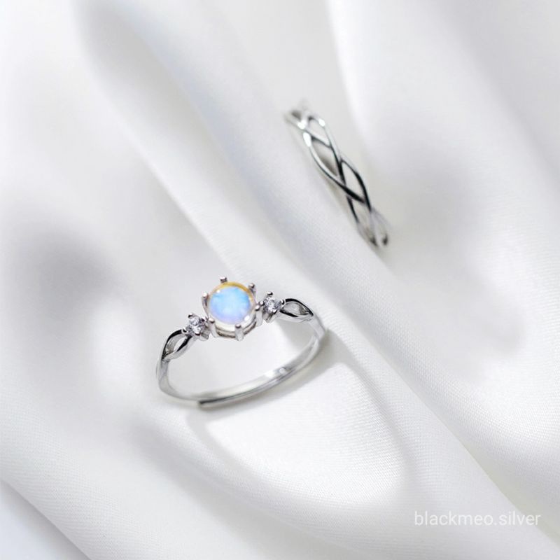 Nhẫn cặp, nhẫn đôi bạc đính đá xanh Moonstone nhân tạo, đá xanh bạc 925