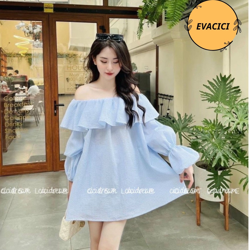 Áo sơ mi kiểu trể vai dài tay chất kẻ xốp xanh. áo sơ mi nữ t dài tay dáng dài trễ vai chất kẻ xốp STYLE HÀN QUỐC
