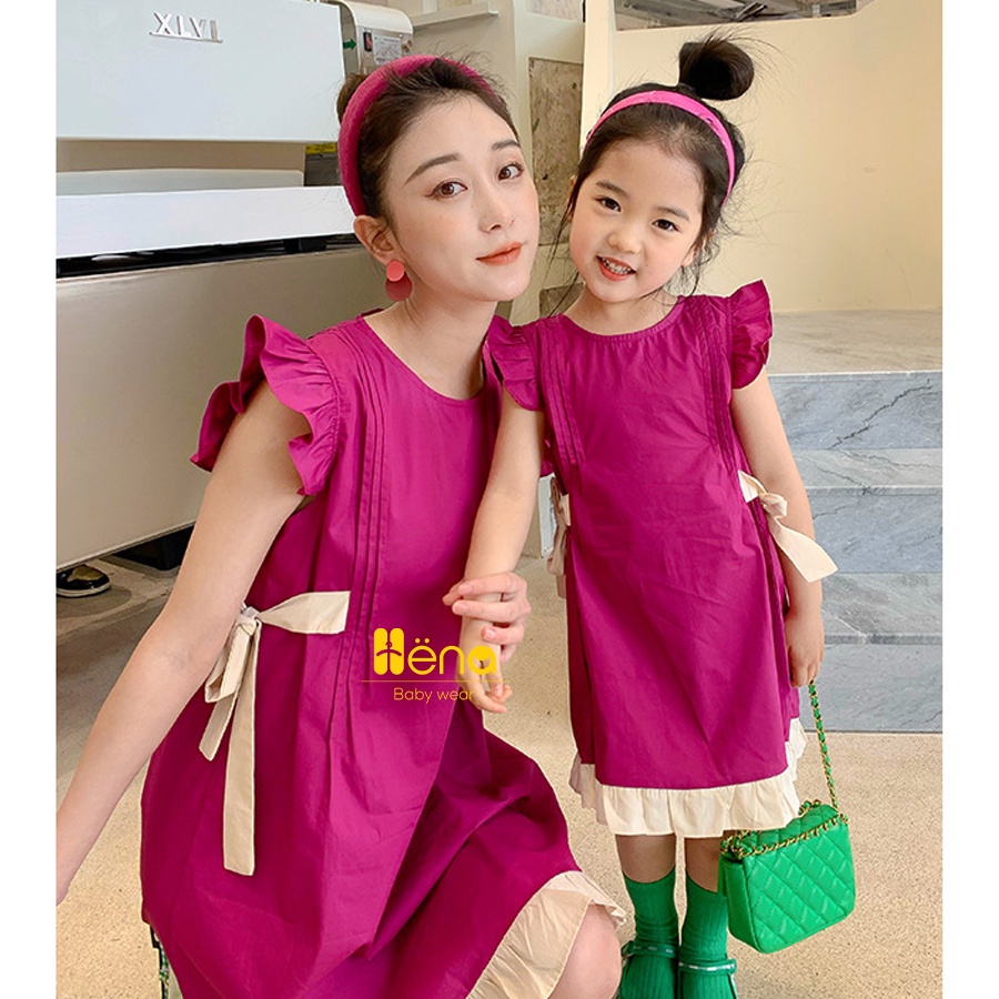 Váy Hồng mẹ và bé đuôi cá, set váy đôi mẹ và bé gái dáng suông - Henashop