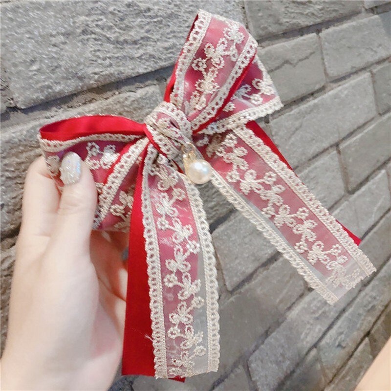 Kẹp tóc đính nơ phối ren và ngọc trai phong cách cổ điển xinh xắn dành cho nữ