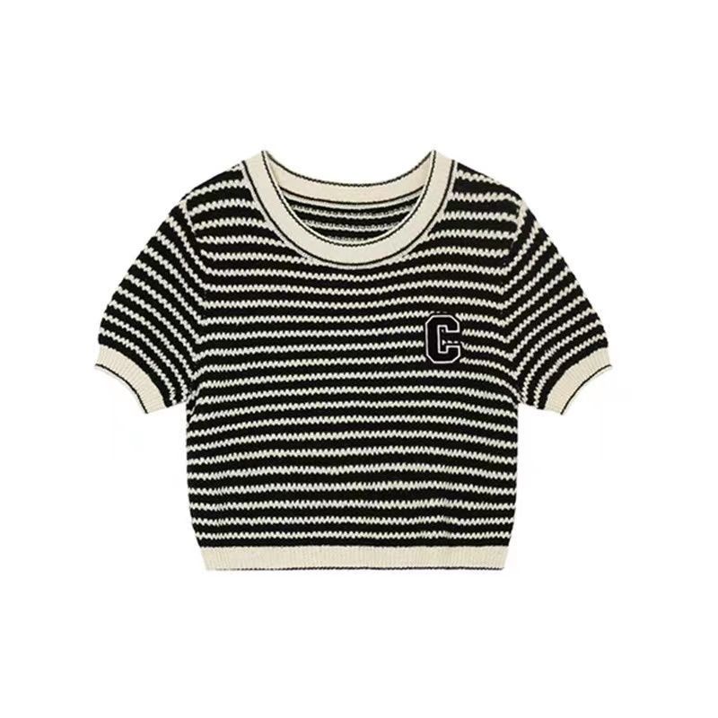 Áo Thun Ngắn Tay Cổ Tròn Họa Tiết Kẻ Sọc Phong Cách Retro Thời Trang Mùa Hè Cho Nữ