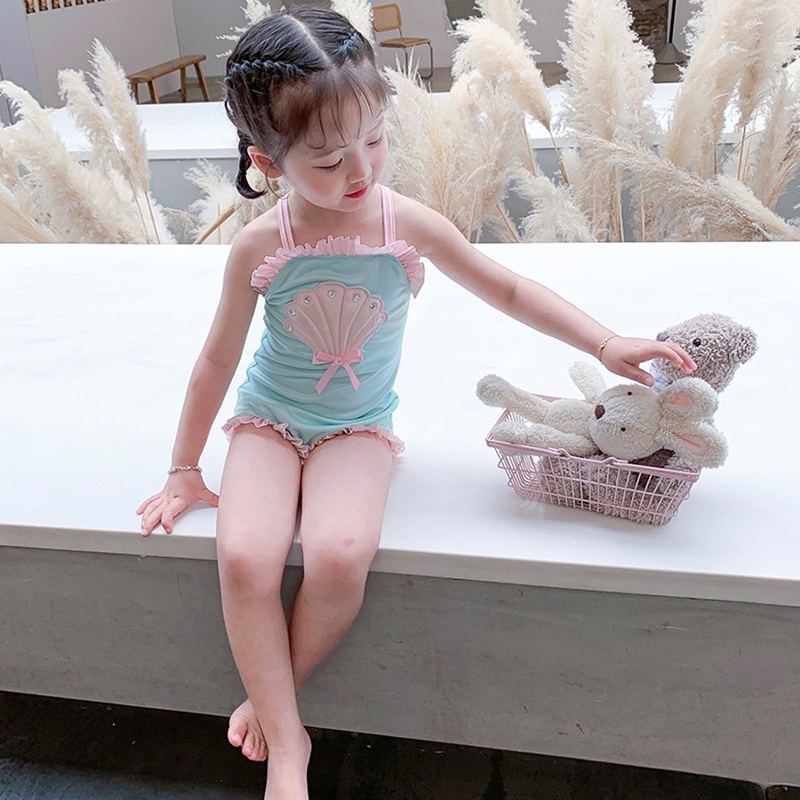 Bộ Đồ Bơi Phối Ren Thêu Hình Vỏ Sò Dễ Thương Cho Bé Gái