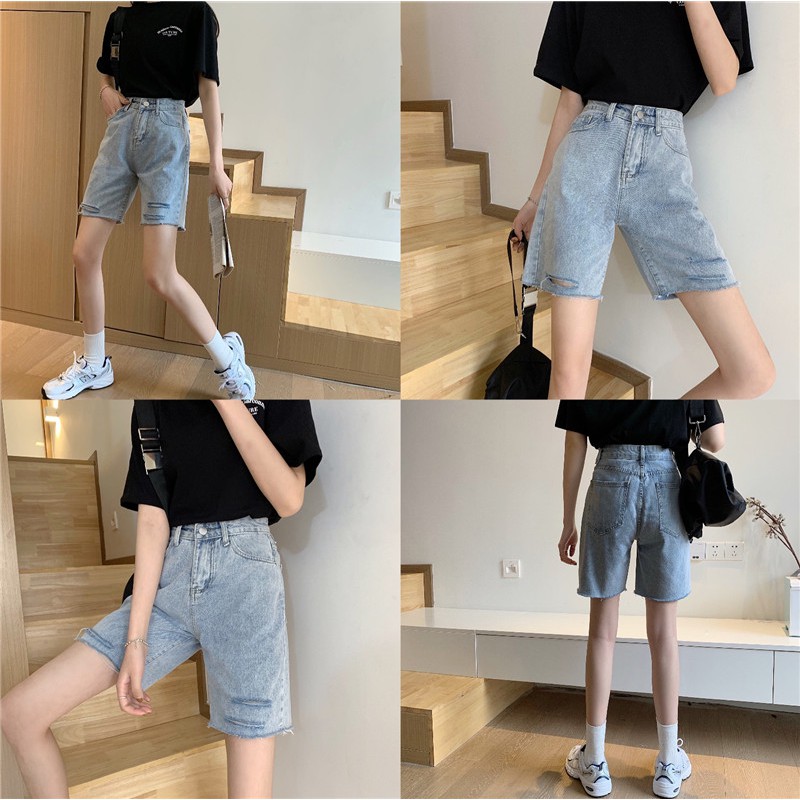 Xiaozhainv Quần Đùi Denim Ống Rộng Rách Tua Rua Cá Tính | BigBuy360 - bigbuy360.vn