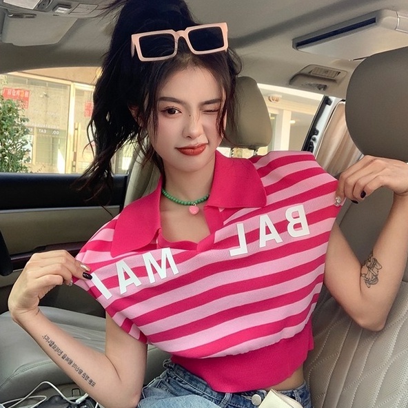 Áo thun ZHELIHANGFEI dệt kim không tay cổ polo họa tiết kẻ sọc