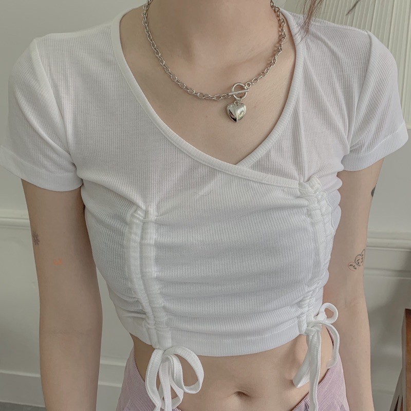 Áo croptop tay ngắn thun rút ngực