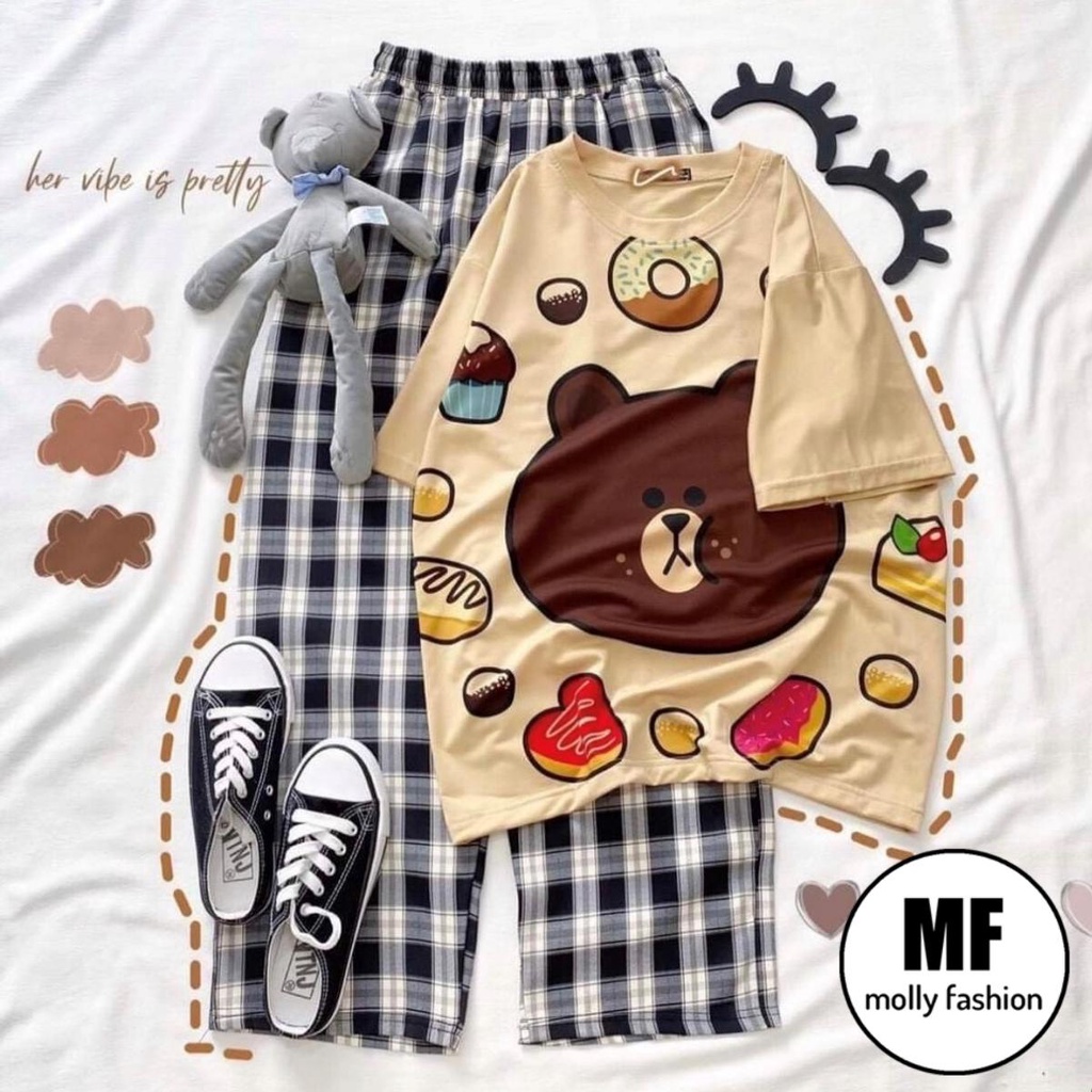 Set đồ nữ quần dài Caro Kate ống rộng BUNNY DONUT ❤️ Đồ bộ hoạt hình Freesize Molly Fashion