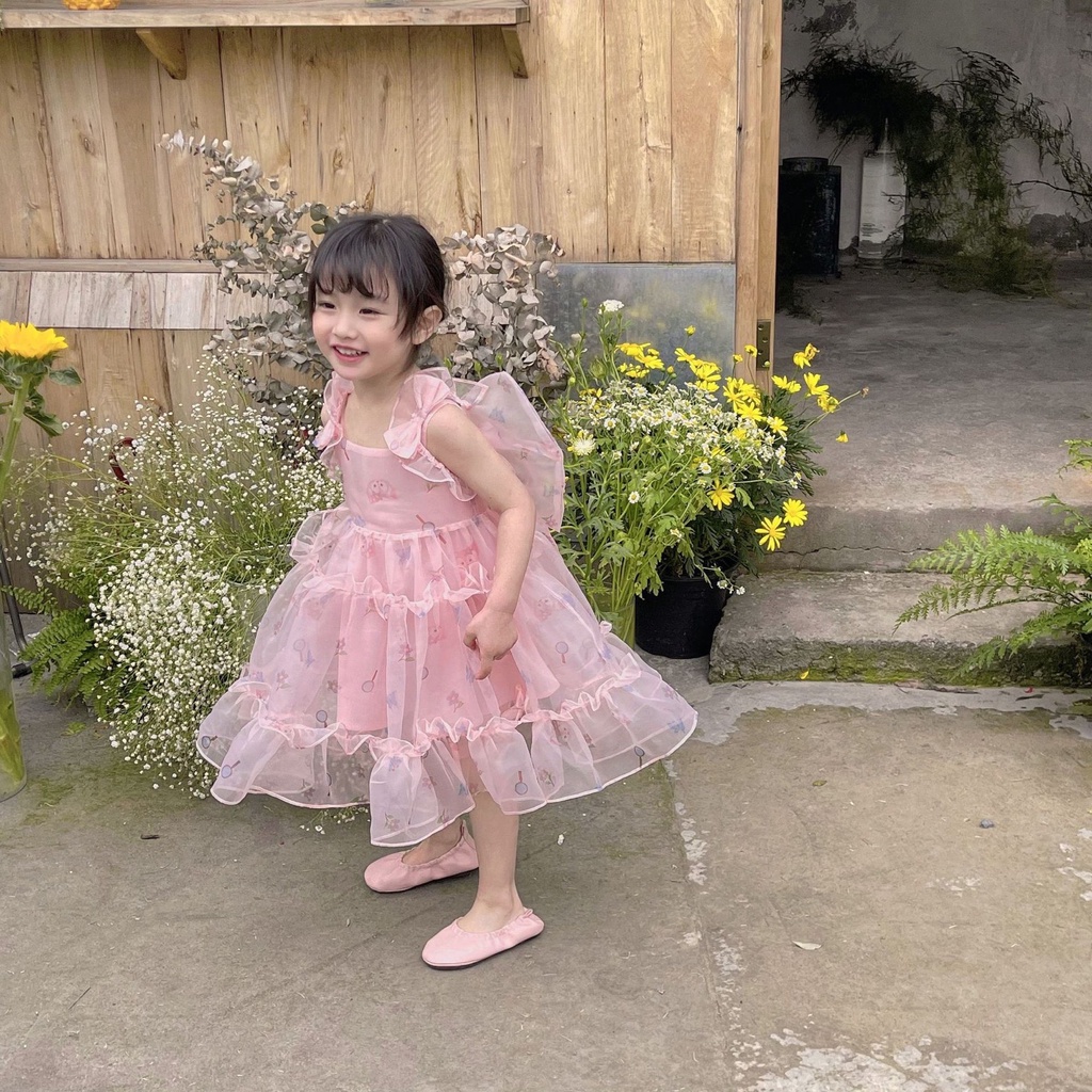 V109 - Váy bé gái voan hồng in hoạ tiết ngộ nghĩnh sz 80-130, váy công chúa cho bé kèm nơ rời