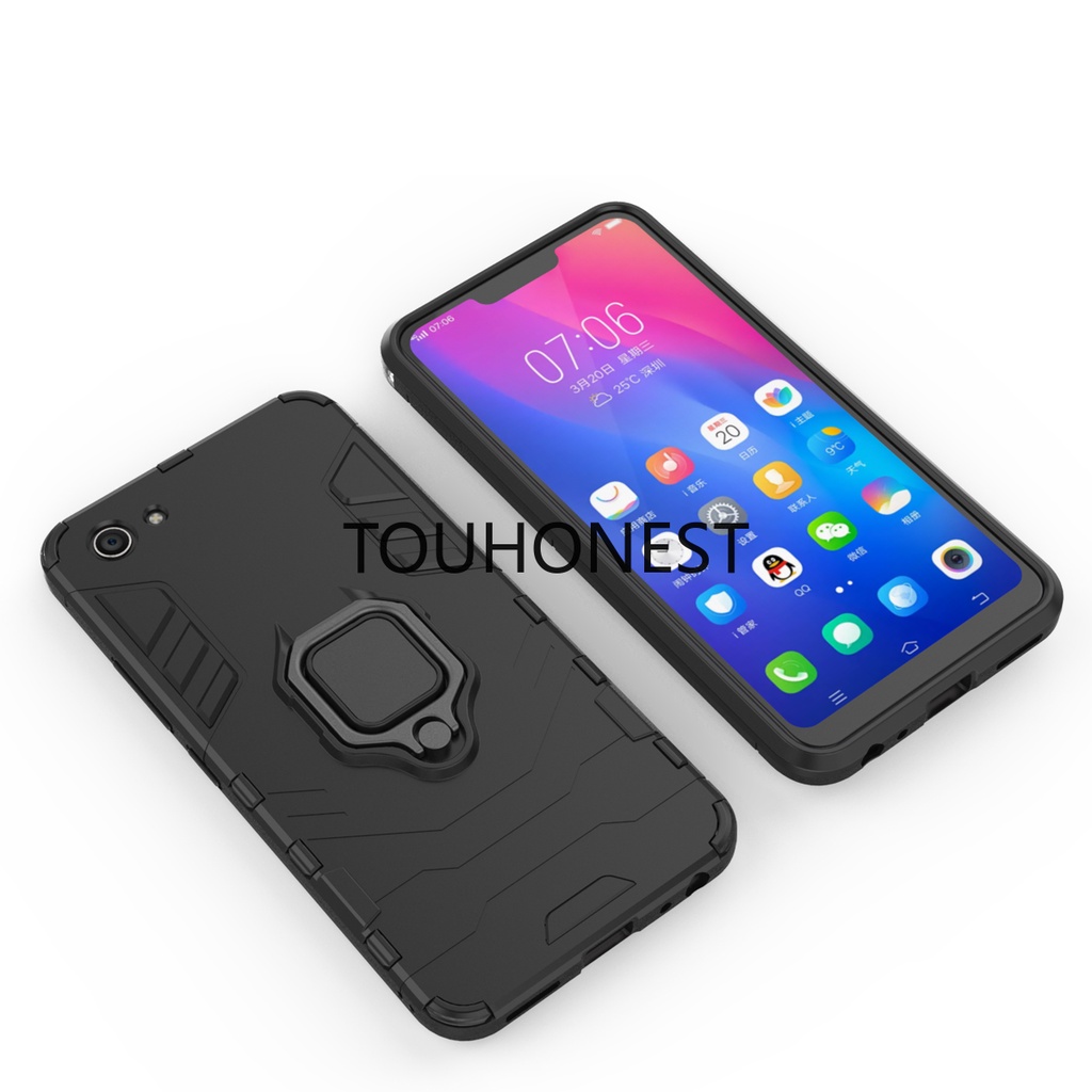 Ốp Điện Thoại Cứng Chống Sốc Kèm Móc Xỏ Ngón Kim Loại Cho Casing Vivo Y81 Case Vivo Y81T Cassing Vivo Y83 Y85 Y55 Y55S Cover Vivo V9 T1 Case Armor PC Shockproof Hard Cases With Metal Ring Stand Phone Case