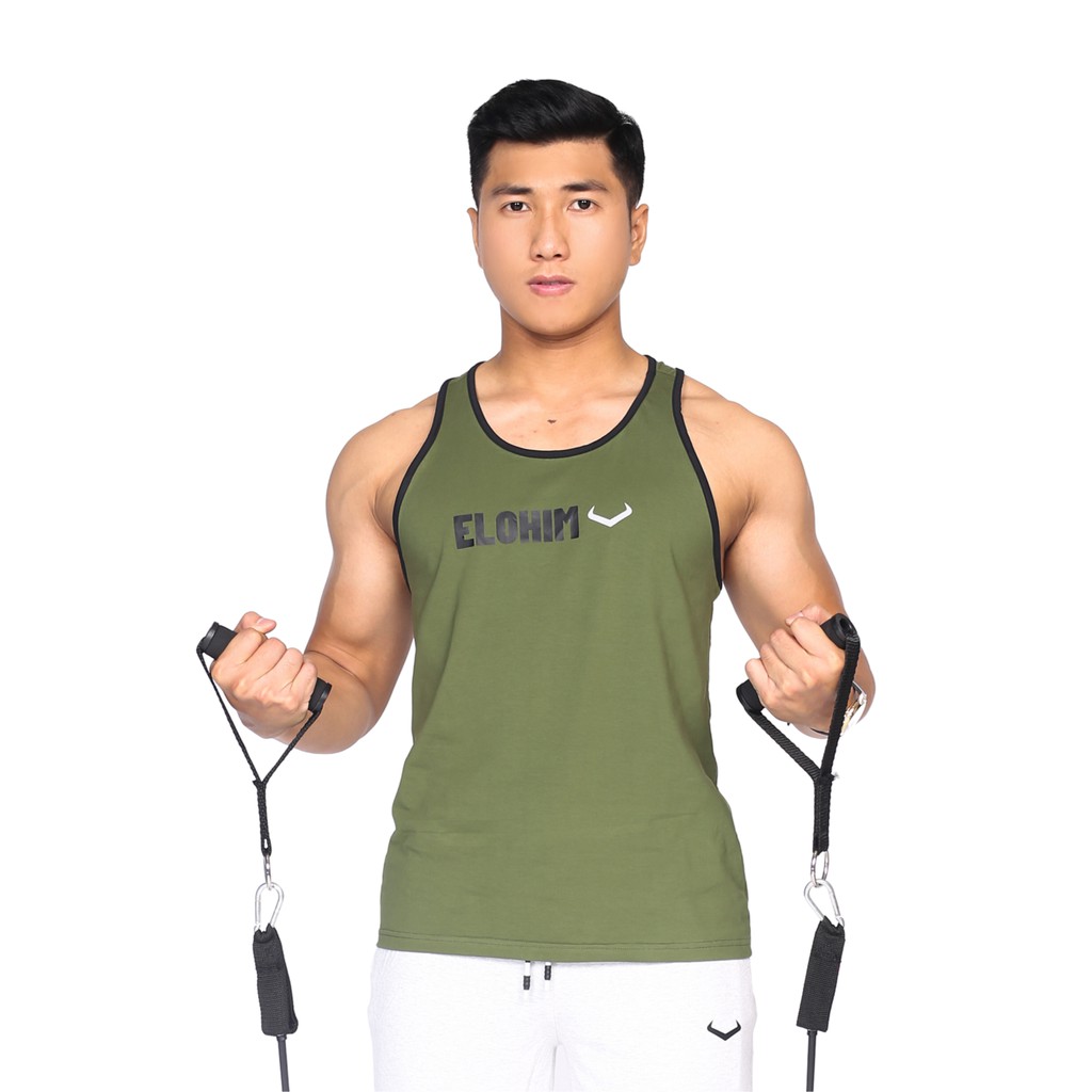 ÁO TANK TOP CHỮ ELOHIM - XANH LÍNH ( ÁO BA LỖ )