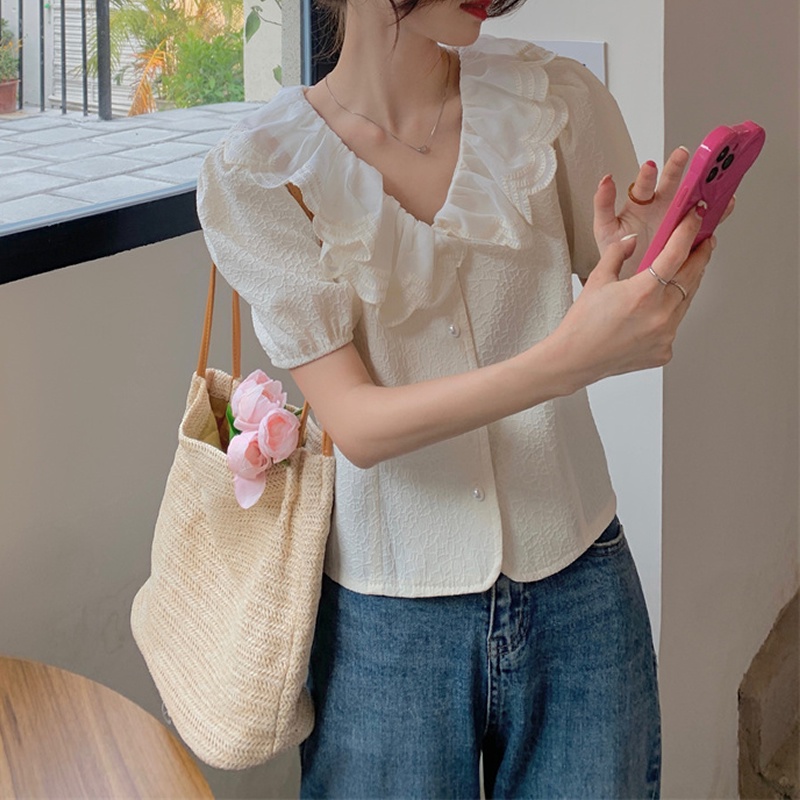 Áo sơ mi SUXI tay phồng cổ chữ V màu sắc trơn phong cách vintage Hàn Quốc cho nữ