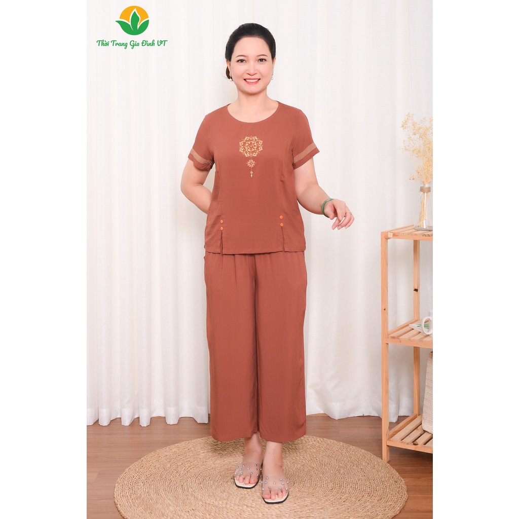 Đồ mặc nhà trung niên mùa hè Việt Thắng, quần lửng, áo cộc tay, chất lanh - B26.2202