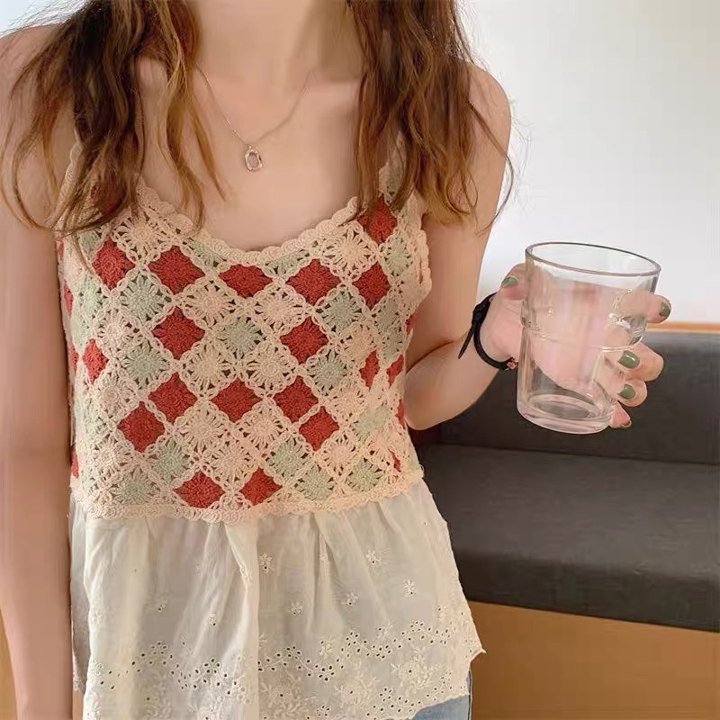 MS604 Áo hai dây kiểu đan móc hình thoi phối màu