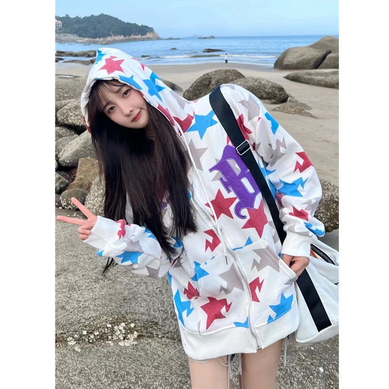 Áo khoác hoodie ZHELIHANGFEI tay dài dáng rộng in họa tiết xinh xắn dễ phối đồ