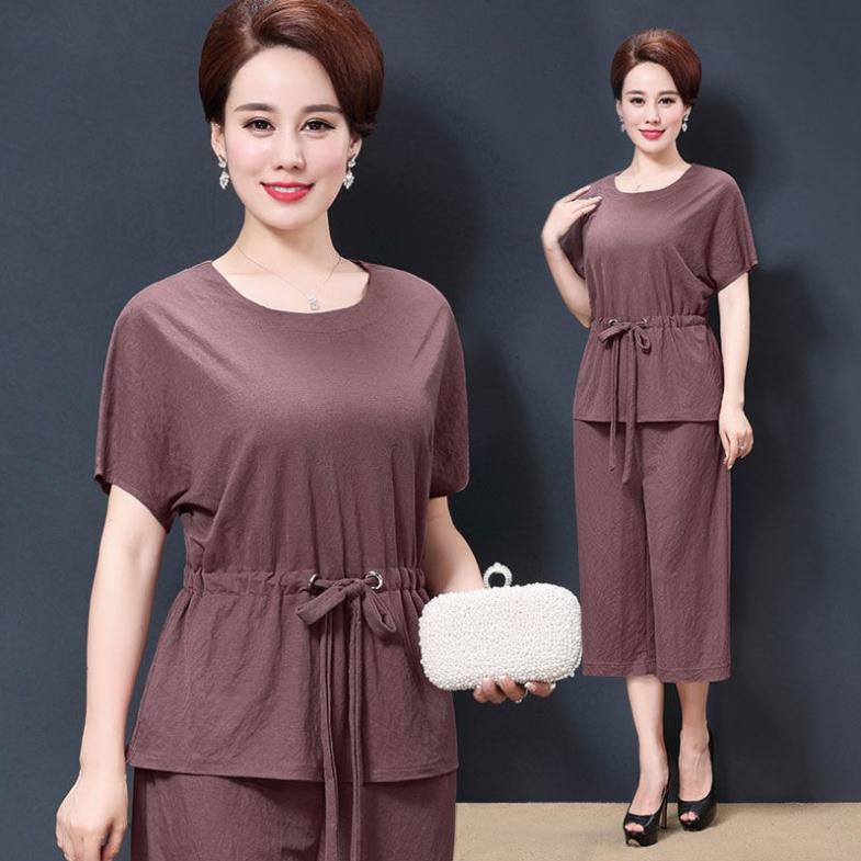 2021 Mẹ mặc bộ đồ mùa hè 40-50 tuổi của phụ nữ trung niên và cao quần ống rộng chín điểm ngắn tay cộng với kích