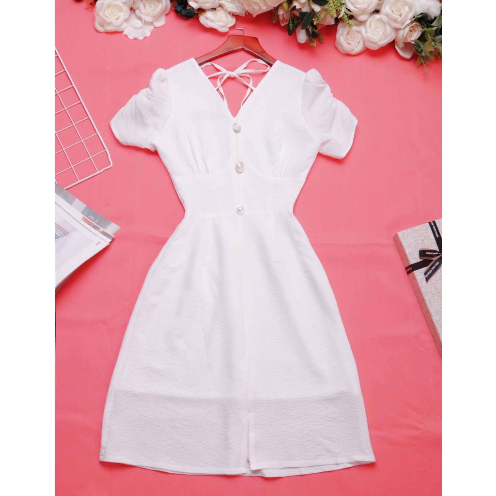 Đầm trắng dự tiệc sang trọng thanh lịch chữ a cổ v tay ngắn thiết kế cao cấp dự tiệc cưới eo tôn dáng - Thời trang Lux W
