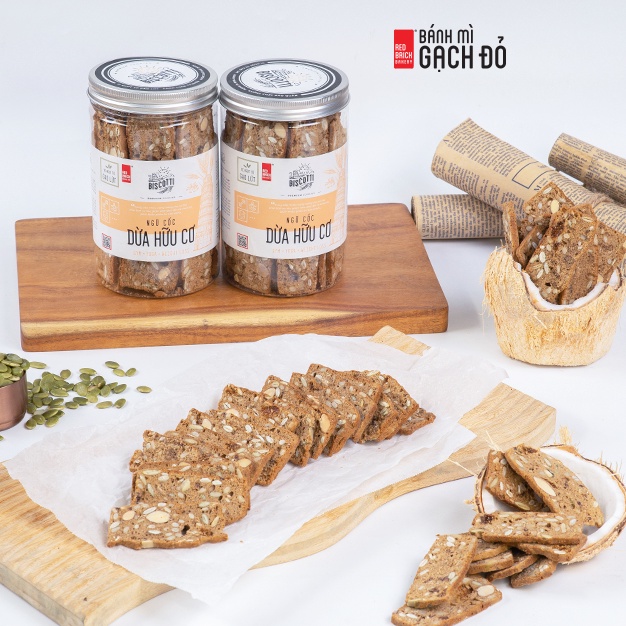 Biscotti Dừa Gạch Đỏ 250g, không đường, ngọt từ gạo lứt và mật ong, chuẩn ăn kiêng