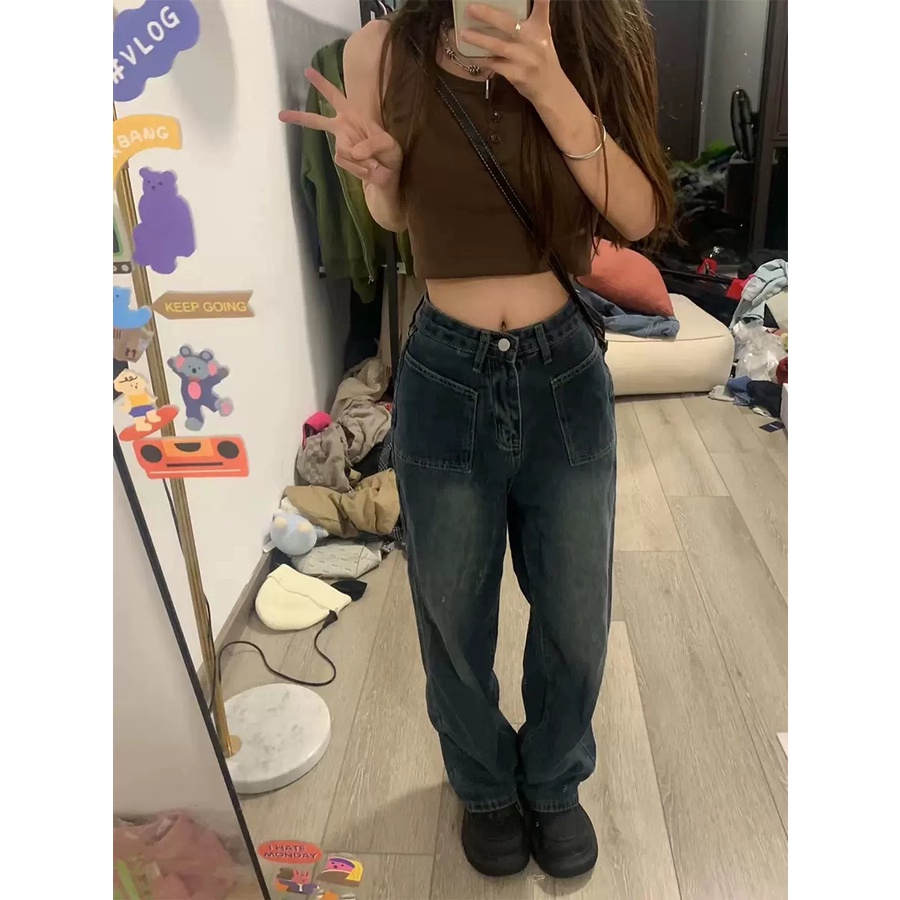 Quần jeans ZHELIHANGFEI ống rộng suông phong cách Hong Kong thời trang mùa hè cho nữ 2022