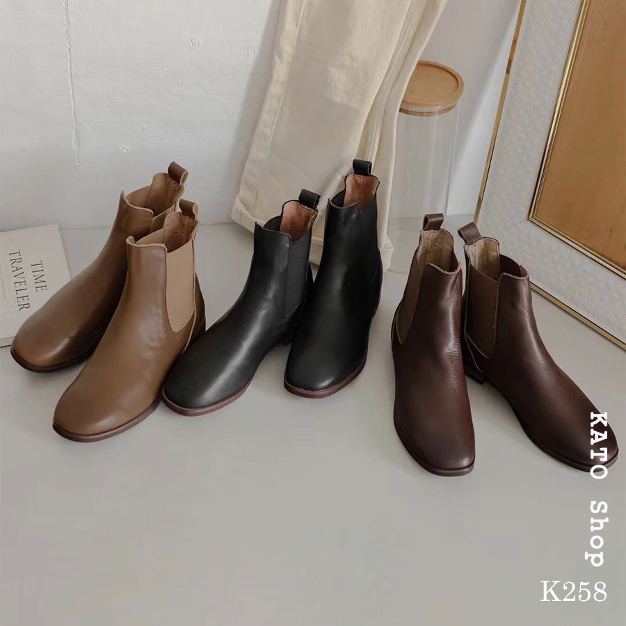 Giày Bốt Chelsea Nữ - Da Thật Nguyên Tấm Đế Bệt - Retro Vintage - 3 Màu Nâu Nhạt Nâu Đậm Đen - KATO Shop K258