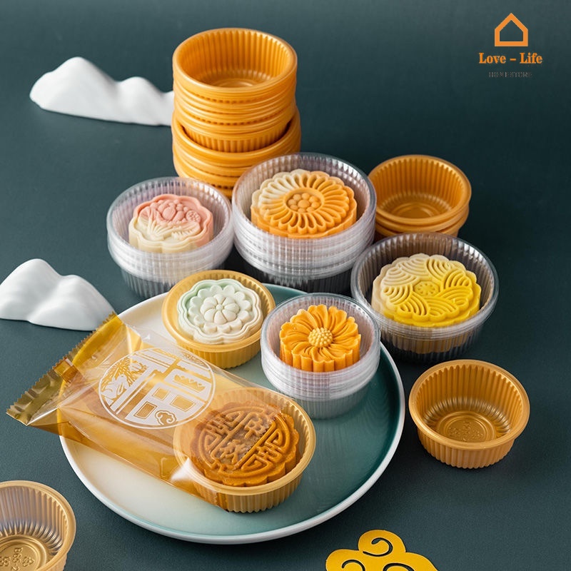 Set 100 Khay Đựng Bánh Trung Thu / Bánh Quy Bằng Nhựa Cấp Thực Phẩm Màu Vàng / Trong Suốt Giá Đỡ
