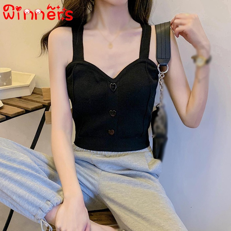 Áo Hai Dây Dệt Kim Họa Tiết Trái Tim Thời Trang Mùa Hè Cho Nữ