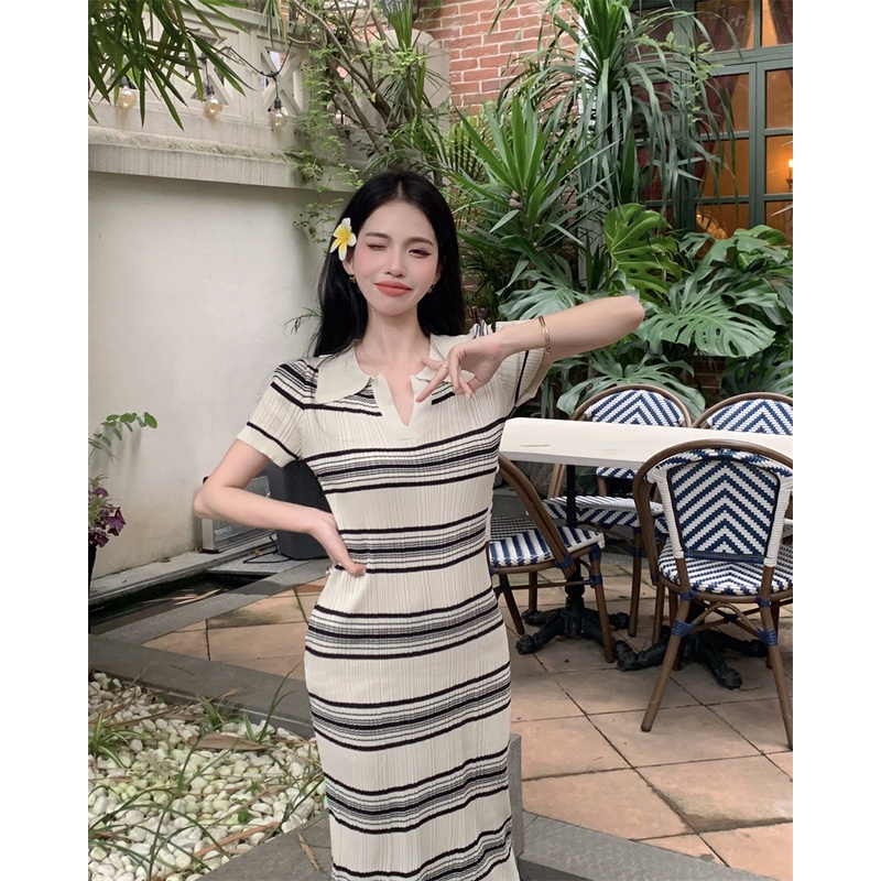 Cocory vn Đầm Dài Tay Ngắn Cổ POLO Họa Tiết Kẻ Sọc Thời Trang Dành Cho Nữ
