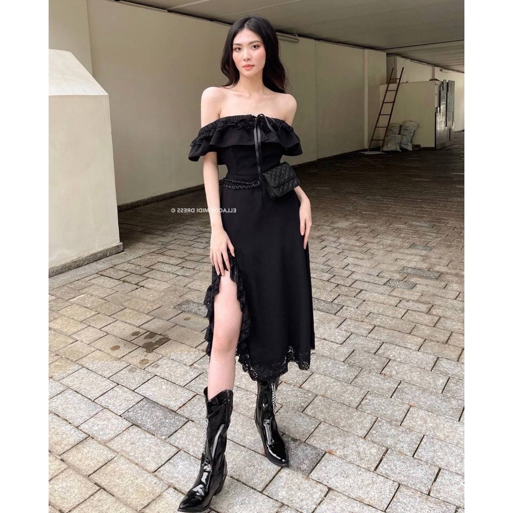 Đầm Trễ Vai Xẻ Đùi Phối Viền Ren MIDI, Đầm maxi xẻ đùi, trễ vai kết hợp viền ren thiết kế TN1366 | BigBuy360 - bigbuy360.vn