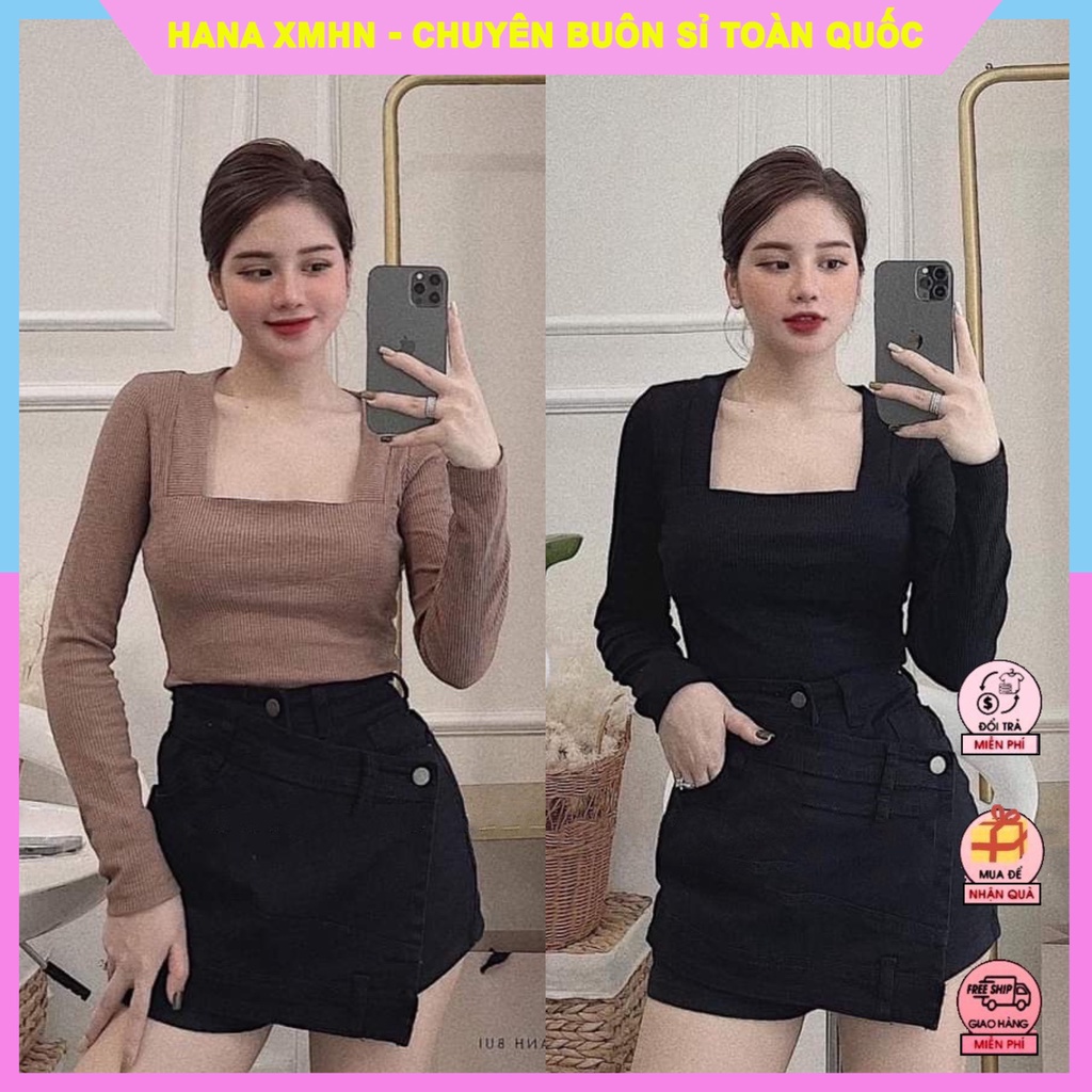 [ÁO KIỂU] Áo Thun Tăm Nữ Tay Dài Cổ Vuông, Cotton Ôm Body Mix Chân Váy Quần Siêu Xinh