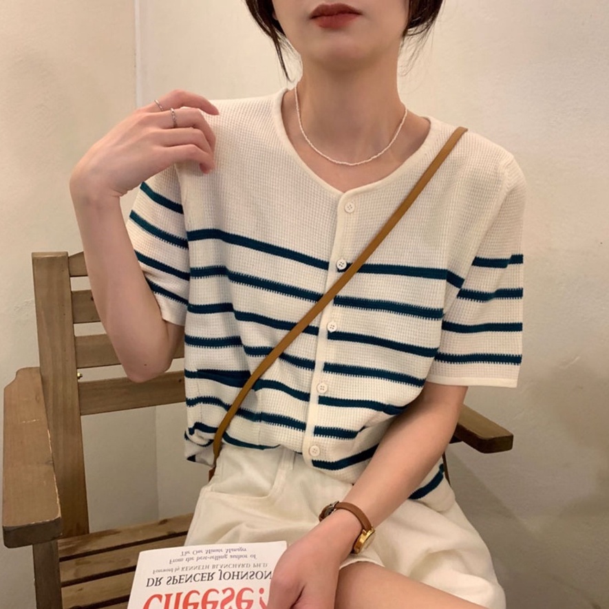 Áo cardigan dệt kim ZHELIHANGFEI tay ngắn cổ tròn họa tiết sọc đơn giản dễ thương