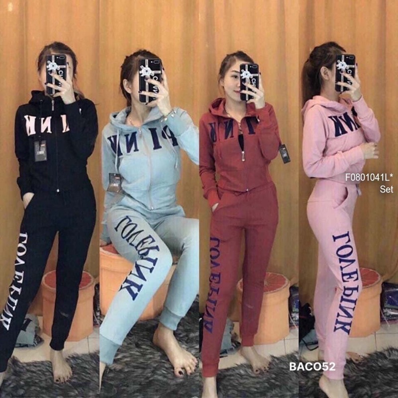Set thể thao umi in chữ áo có nón kéo khóa tay dài kèm quần!