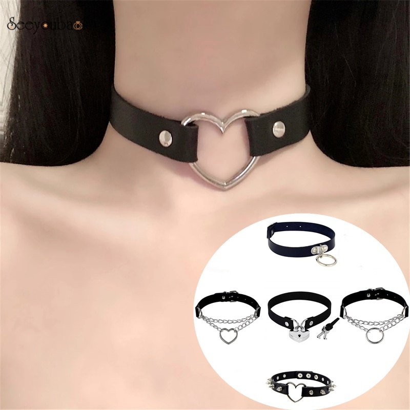 Vòng cổ choker bằng da PU gắn mặt trái tim cho nữ
