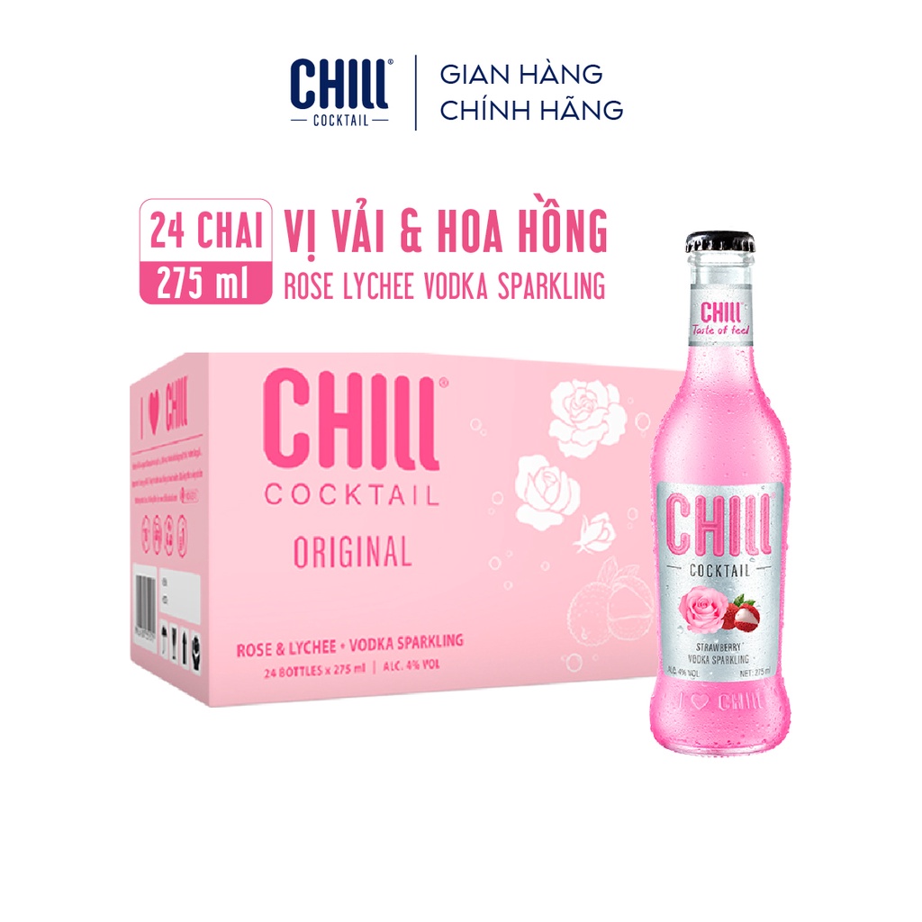 Voucher 200K Thùng 24 chai Chill Cocktail vị Vải & Hoa Hồng 275ml chai