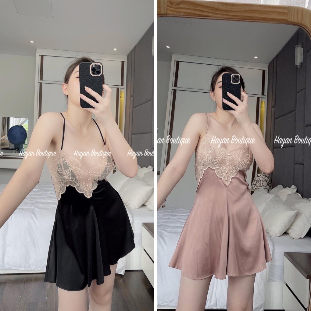 [FREESHIP] Váy ngủ sexy viền ren hoa nổi gợi cảm, đầm ngủ lụa sexy quyến rũ mặc nhà #HT179