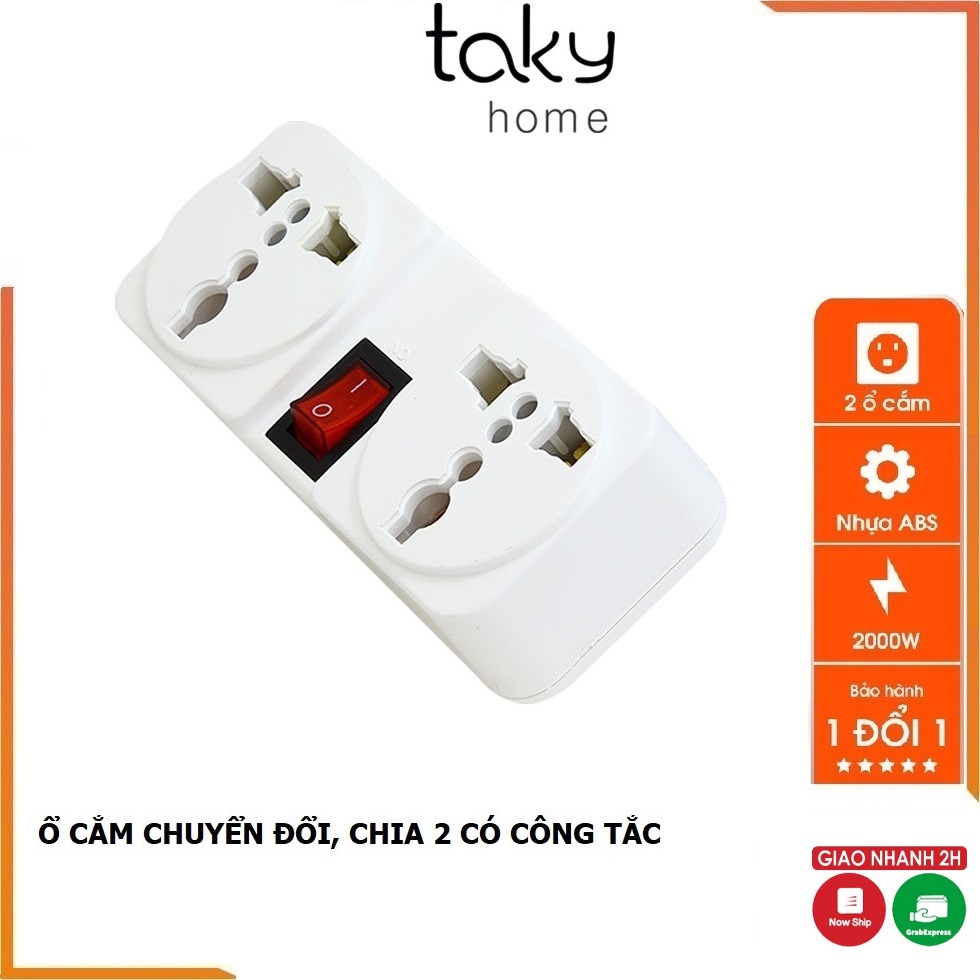 Ổ Cắm Chia 2 Ổ Kèm Công Tắc, Chuyển Từ 1 Ổ Sang 2 Ổ 3 Chấu, Công Suất 2000W, ABS chống cháy - TakyHome 8606