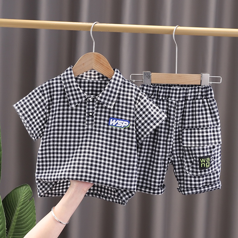 Set Đồ 2 Món Gồm Áo Thun Tay Ngắn Và Quần Ngắn Họa Tiết Sọc Caro Thời Trang Cho Bé Trai 0-6 Tuổi