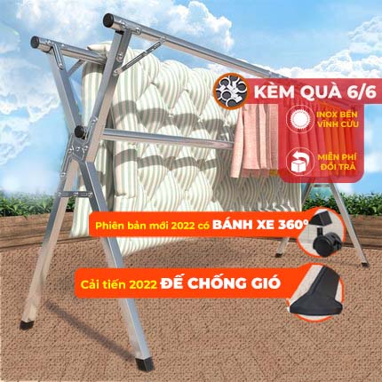 Sào Phơi Quần Áo Có BÁNH XE Tặng 20 móc chống bay Loại Giàn, Giá INOX Gấp Gọn, Treo Đồ Thông Minh Dạng Cây