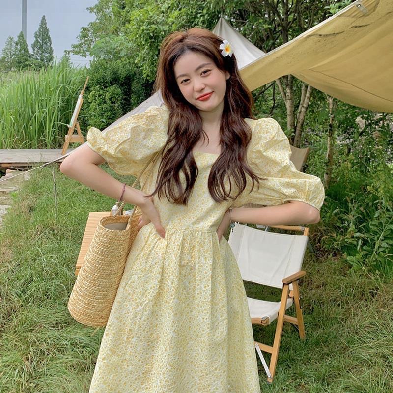 Váy hoa nhí tiểu thư ngắn tay bo chun nhẹ nhàng, 2 màu vàng, xanh, full size từ S-2XL, phong cách PHÁP