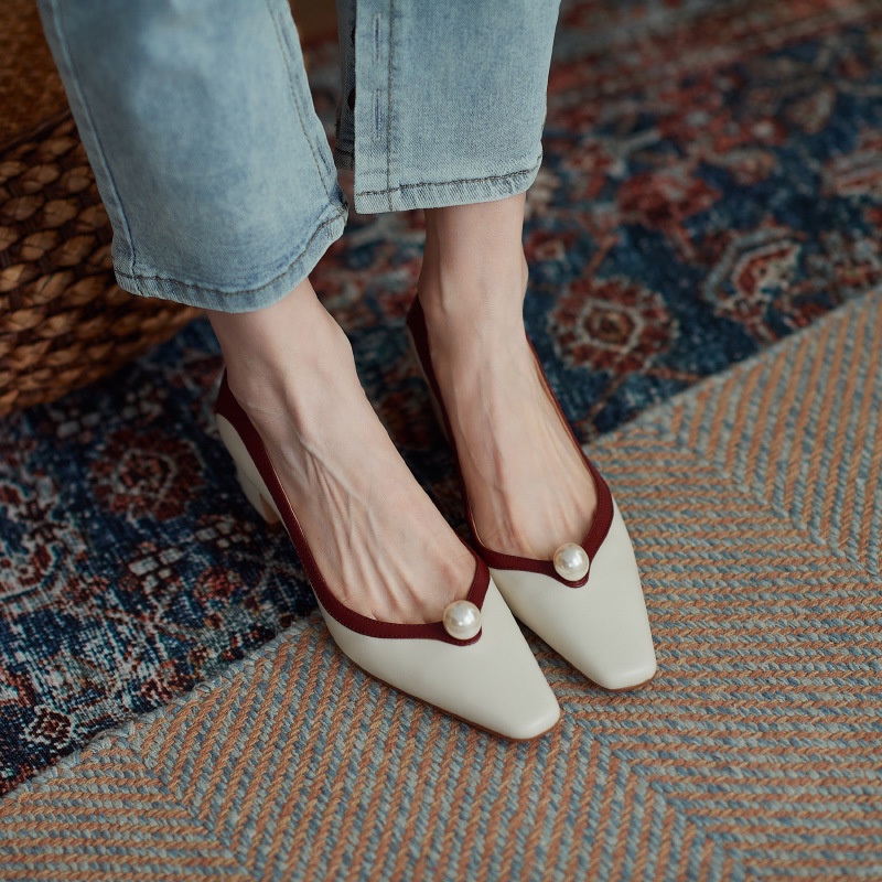 Giày Cao Gót Mũi Vuông Đính Ngọc Trai Nhân Tạo Phong Cách Pháp Cổ Điển Thời Trang Mùa Xuân 2022 Mới Dành Cho Nữ