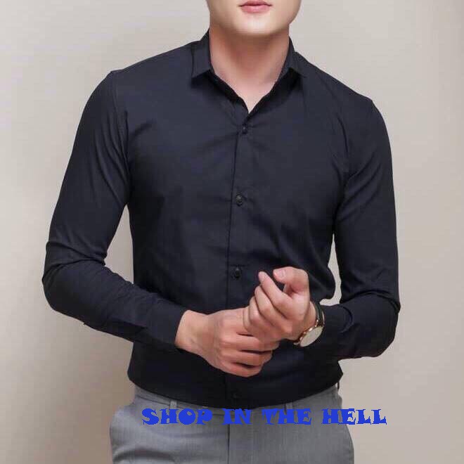 SƠ MI KẺ DÀI TAY TRƠN CÓ CỔ MÀU ĐEN